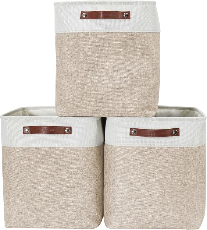 DECOMOMO Extra Large Storage Baskets, 54.5L Fabric Storage Bins 3 Pack | XXXL Storage Baskets for Shelves, Linen Closet Organizers (Beige & White, 17" x 13" x 15") by DECOMOMO