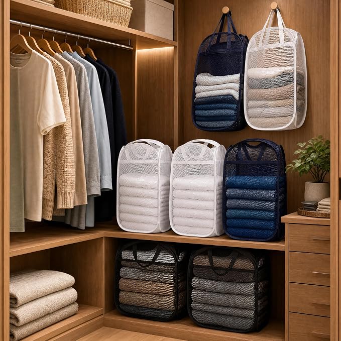 6 Pcs Handy Laundry Collapsible Mesh Foldable Hampe (Black/White/Blue) | Popup Laundry Basket with Durable Handles,Pop-up Mesh Hamper Dirty Clothes Basket for Kids Room, College Dorm or Travel - Image 6