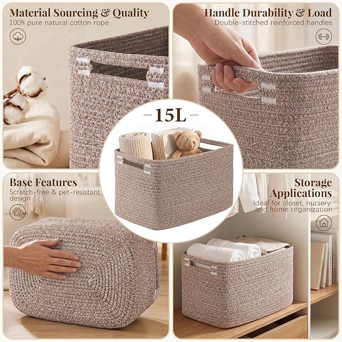 OIASKET 4Packs Natural Cotton Rope Storage Baskets for Organizing Toys, Clothes, Towels & Books, Soft Versatile Organizers for Shelves, Home Decorative Bins, 13''Lx9''Wx7.8''H, Linen Brown - Image 3