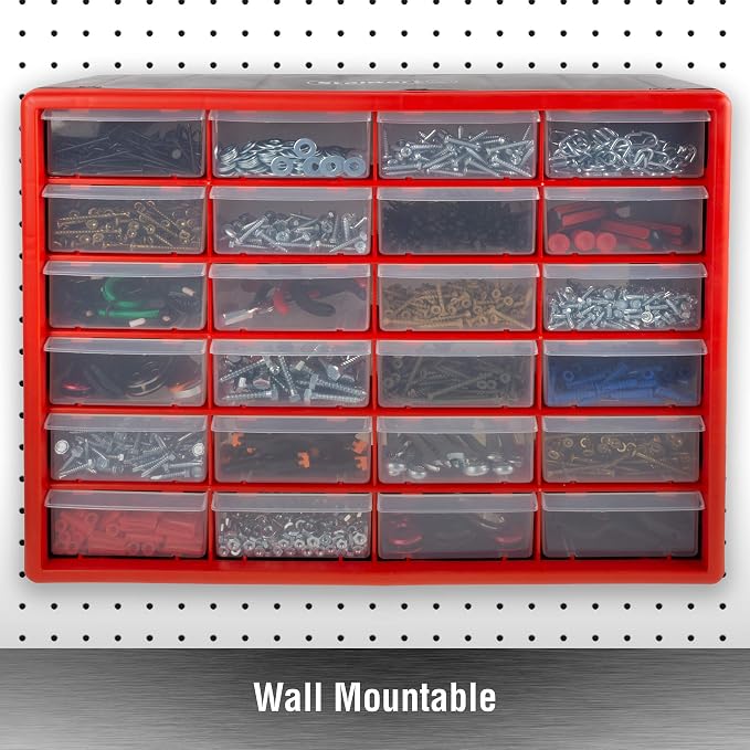 Stalwart Plastic 24 Drawer Organizer Compartment Parts Storage Cabinet, Red | Tabletop, Desktop, or Wall Mount Container - Small Parts Organizer for Hardware, Craft Supplies, Beads, or Tools - Image 5
