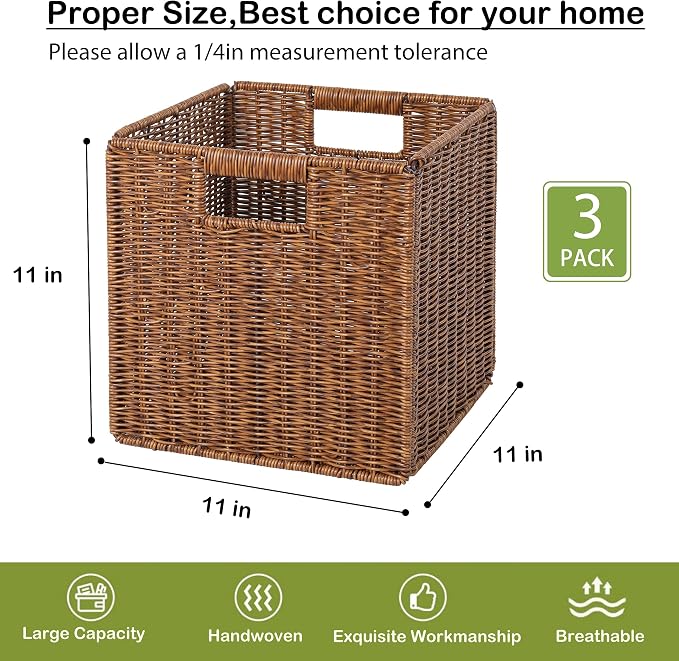 11X11X11in Brown Plastic Wicker Storage Basket, Foldable Cube Woven Storage Basket for Shelves, 11x11 Cube Storage Bins Set of 3, Wicker Storage Baskets for Laundry Nursery Room - Image 6