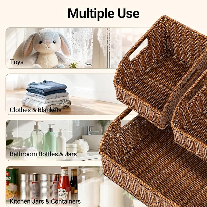 Brownlily Faux Wicker Pantry Storage Baskets, Brown-Single Set (3-Piece) | Handwoven Baskets for Organizing with Built-in Handles, All-Purpose Storage Baskets with Chalkboard for Shelves,Laundry Room - Image 4