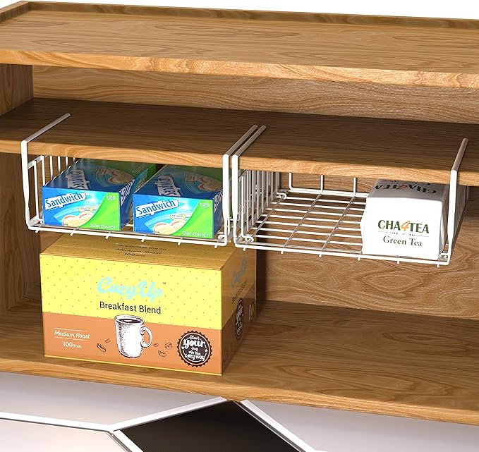 Simple Houseware 2-Pack Under Shelf Wire Metal Basket Shelf, White | Space-Saving Storage Organizer for Kitchen, Pantry, Closet, Office, No Tools Required - Image 4
