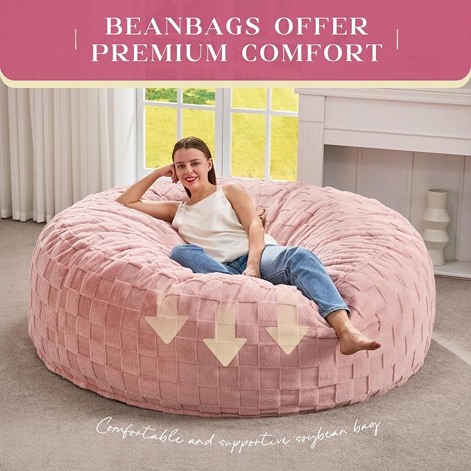 Hobestluk Giant Bean Bag Chairs 6FT Oversized BeanBag Chair for Adult Jumbo | Memory Foam,Washable Cover,Unique Fluffy Plaid,Comfy Bean Bag Bed with Filler Gaming Reading Bedroom Living Room | Pink 6FT - Image 6
