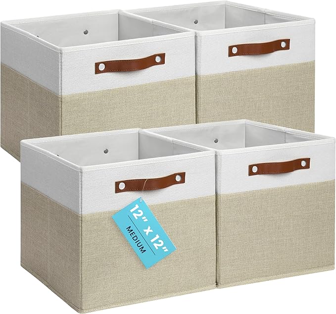 OrganiHaus 12x12 Cube Storage Bins, Set of 4 - Fabric Storage Cubes | Sturdy, holds its shape; odor-free; fits 12-inch cube shelves; vegan leather handles by OrganiHaus