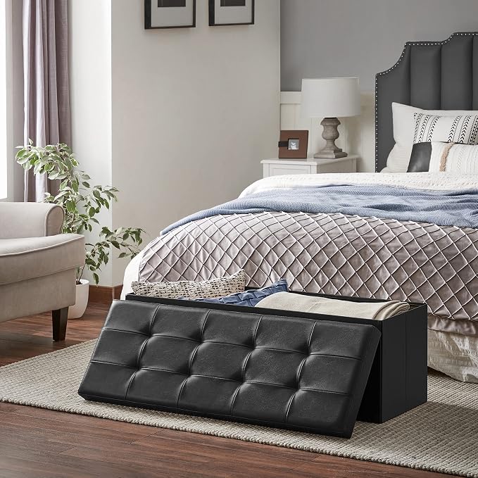 SONGMICS 43.3 Inches Folding Storage Ottoman Bench with Flipping Lid | Storage Chest Footrest Padded Seat, Iron Frame Support, Ink Black, MINOTA Collection ULSF75BK - Image 8