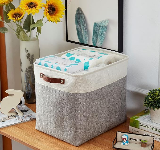 DECOMOMO Extra Large Storage Baskets, 54.5L Fabric Storage Bins 3 Pack | XXXL Storage Baskets for Shelves, Linen Closet Organizers (Grey and White, 17" x 13" x 15") - Image 2