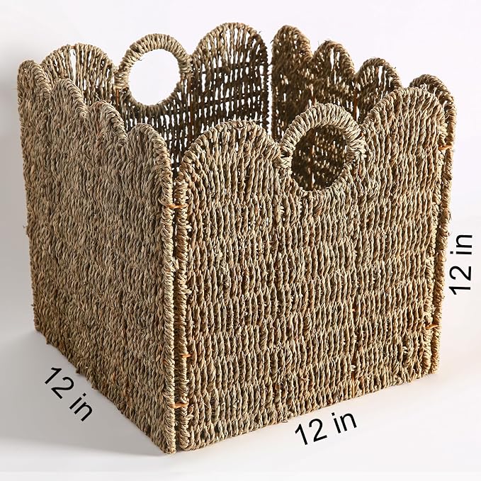 Scalloped Wicker Storage Cubes Basket, 12”x12“ Heavy Duty Paper rope/Hyacinth/Seagrass Baskets for Shelves, Foldable Natural Boho Square Bins (Seagrass&12 x 12 x 12in&4-Pack) - Image 6