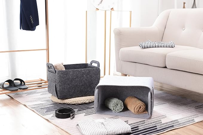 Storage Basket Felt Storage Bin Collapsible& Convenient Box Organizer with Carry Handles for Office Bedroom Closet Babies Nursery Toys Laundry (Light grey, 13.8inch（L）×9.5inch（W）×8.3inch（H）) - Image 4