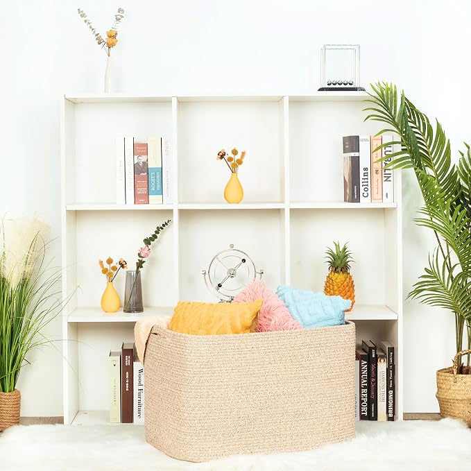 112L Extra Large Blanket Basket Holder Living Room, 25"x17"x16" Rectangle Rope Woven Storage Basket with Handles for Laundry, Towels, Shoes, Dog Toy Organizer Bin Box, Oatmeal Brown - Image 5