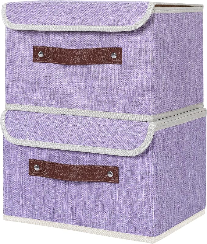 ANMINY Fabric Storage Box Bins with Lids, Purple, 10"x8"x7", 2 Pack | Keepsake Memory Storage, Cotton Linen, PP Board Reinforced, Washable, PU Handles, Foldable & Stackable, Decorative, Small - Image 2