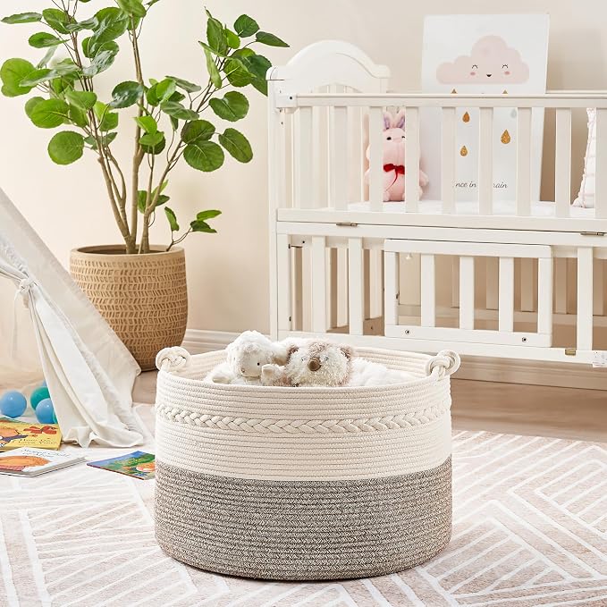 KAKAMAY Large Blanket Basket (20"x13"),Woven Baskets for storage Baby Laundry Hamper, Cotton Rope Blanket Basket for Living Room, Laundry, Nursery, Pillows, Baby Toy chest (White/Beige) | Extra Large Capacity | Natural Cotton Rope | Blanket Storage | W... - Image 6