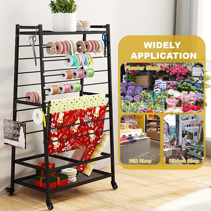 Ribbon Organizer for Craft Room, Rolling Ribbon Holder Black | Double-Sided Ribbon Holder Organizer Rack, Metal Craft Christmas Gift Wrapping Paper Holder, Large Ribbon Storage Rack - Image 7