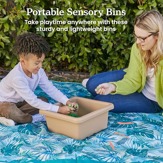 ECR4Kids Stackable Square Bins with Non-Snap Lids, Multipurpose Organization, Sand, 2-Pack - Image 3