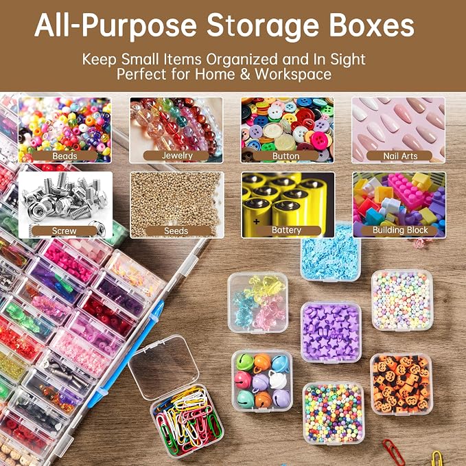 Bead Organizer Box with Handle, 61Pcs Small Bead Storage Boxes with Hinged Lid and Portable Craft Case, Mini Clear Plastic Container for Jewelry Making Supplies Bracelet Screws Seeds Nails Small Parts - Image 5