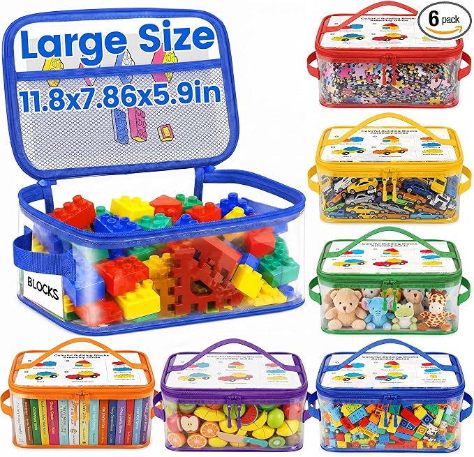 6-Pack Extra Large Clear Toy Storage Bags Transparent Waterproof With Zippers & Labels Durable Reusable Organizer for Blocks,Puzzles & Games by Elover