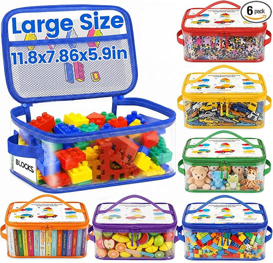 6-Pack Extra Large Clear Toy Storage Bags Transparent Waterproof With Zippers & Labels Durable Reusable Organizer for Blocks,Puzzles & Games by Elover