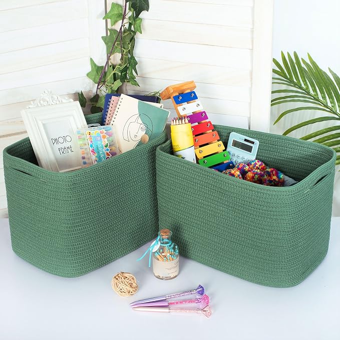 3-Pack Decorative Woven Storage Baskets for Shelves, Cube Bin Box for Organizing Books, Shoes, Dog Toys, Pantry Closet and Living Room Organizer, Forest Green - Image 3