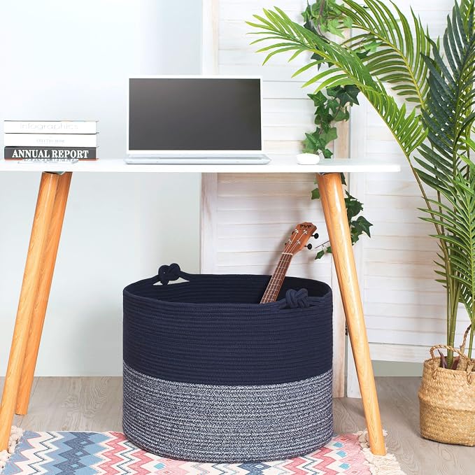 Extra Large 22 x 16in Decorative Woven Cotton Rope Blanket Storage Basket Bin Living Room with Handles and Laundry Hamper for Pillows, Pool Towels, Dog Toys, Shoes, Navy Blue - Image 6
