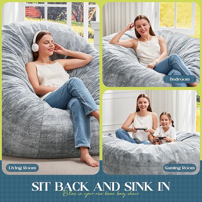 Hobestluk Bean Bag Chair for Adult Giant Beanbag with Filler Grey 6FT | Breathable Material Removable Machine Washable Cover Memory Foam Living Room Bedroom Reading Gaming Oversized Large Big - Image 5