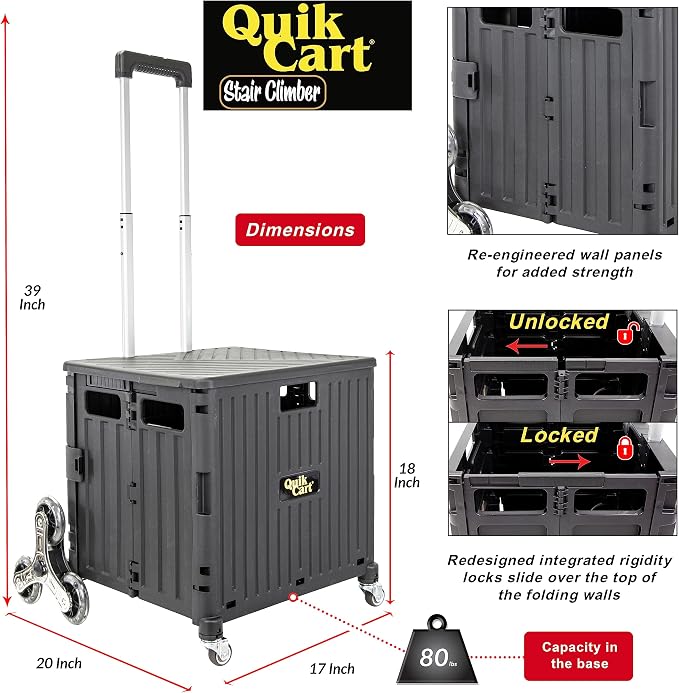 dbest Products Quik Cart Stair Climber Wheeled Rolling Crate Teacher Utility with seat Heavy Duty Collapsible Basket with Handle, 18" D x 17" W x 39" H, Black | with Wheels, Up to 80 lbs Capacity, Heavy Duty, Telescoping Handle, Folding Utility Cart wi... - Image 3