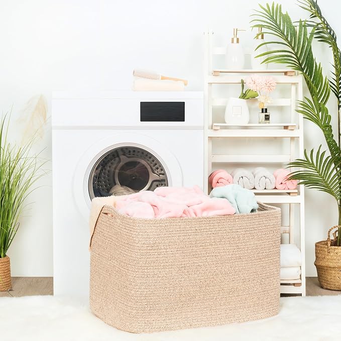 112L Extra Large Blanket Basket Holder Living Room, 25"x17"x16" Rectangle Rope Woven Storage Basket with Handles for Laundry, Towels, Shoes, Dog Toy Organizer Bin Box, Oatmeal Brown - Image 3