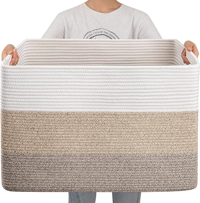 OIAHOMY 108L Super Large Blanket Basket, 25”x16”x16”(108L) Rectangle Woven Baskets for Storage, Cotton Rope Basket For Living Room, Toy Storage with Handle- Gradient Brown by MasterofSpaceOptimization