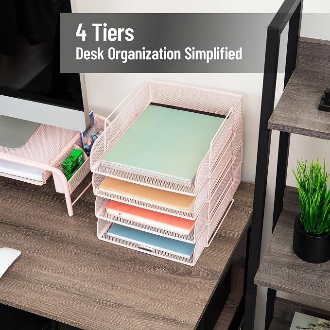 Mind Reader Stackable Paper Tray, Desktop Organizer, File Storage, Office, Metal Mesh, 10.5" L x 13.5" W x 11.25" H, 4 Pcs., Pink - Image 2