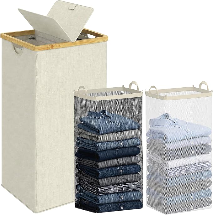 efluky Laundry Hamper with Lid, Double Laundry Basket with 2 Removable Bags, 2 Section Laundry Bin with Bamboo Handles for Bathroom, Bedroom & Laundry Room, 115L (30.4 Gallon) Beige by efluky