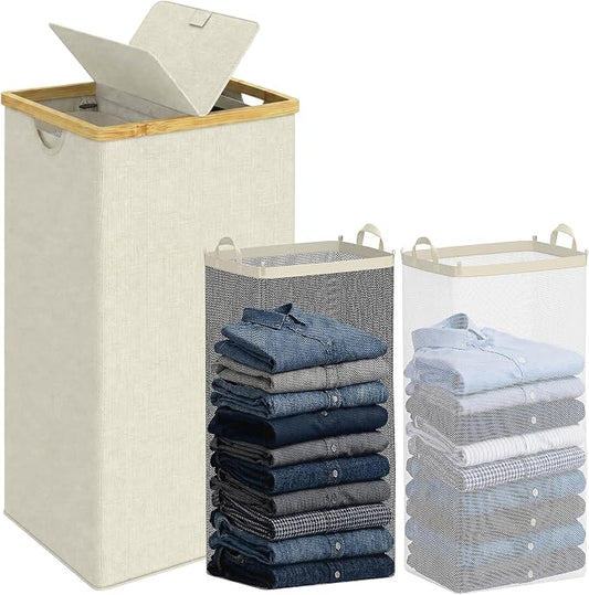 efluky Laundry Hamper with Lid, Double Laundry Basket with 2 Removable Bags, 2 Section Laundry Bin with Bamboo Handles for Bathroom, Bedroom & Laundry Room, 115L (30.4 Gallon) Beige by efluky