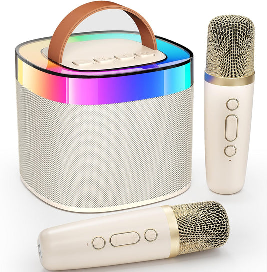 YLL Karaoke Machine for Adults Kids, Portable Bluetooth Karokee Speaker with 2 Wireless Microphones,Singing Karaoke Machine Built-in LED Lights for Birthday Gifts, Family Home Party(Beige)