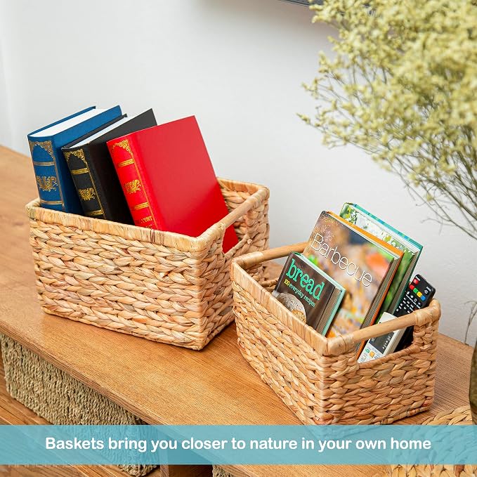 Natural Water Hyacinth storage basket with Handle, Rectangular Organizing Basket for Organizing, Decorative Wicker Storage Bins for Living Room, Medium Wicker Baskets - 3 Pack Medium - Image 6
