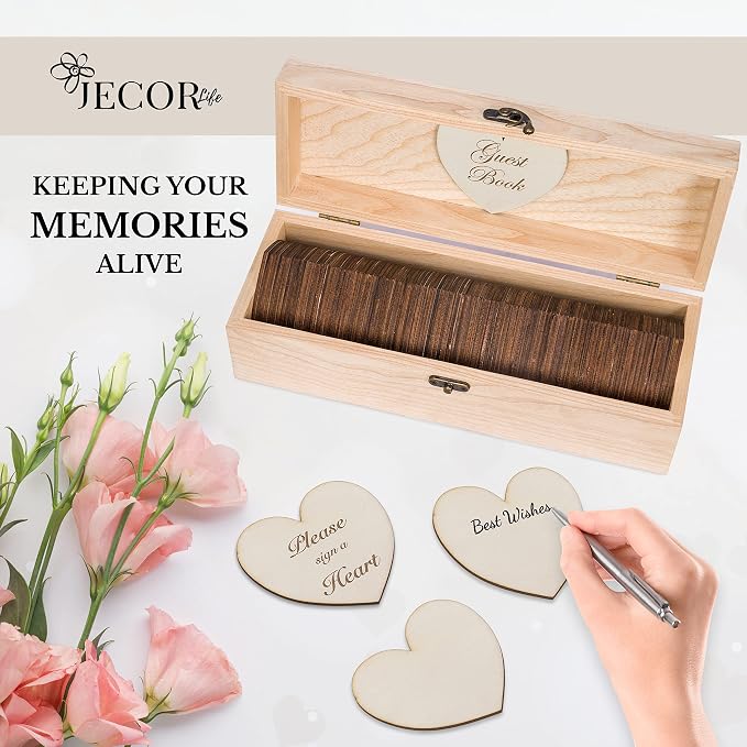 Jecor Wedding Guest Book Alternative Guest Book Wedding Reception | - 98 Large Hearts - 2 Hearts Signs - Baby & Bridal Shower, Anniversary, Birthday, Funeral - Natural - Image 2