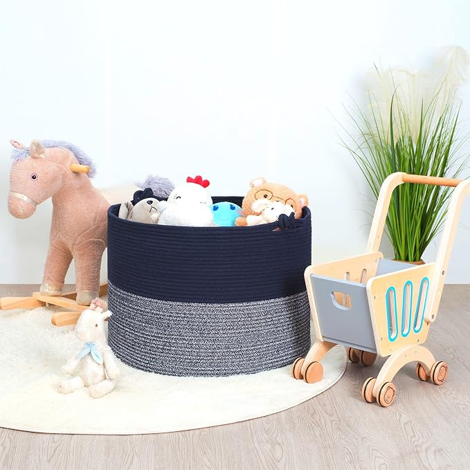 Extra Large 22 x 16in Decorative Woven Cotton Rope Blanket Storage Basket Bin Living Room with Handles and Laundry Hamper for Pillows, Pool Towels, Dog Toys, Shoes, Navy Blue - Image 5
