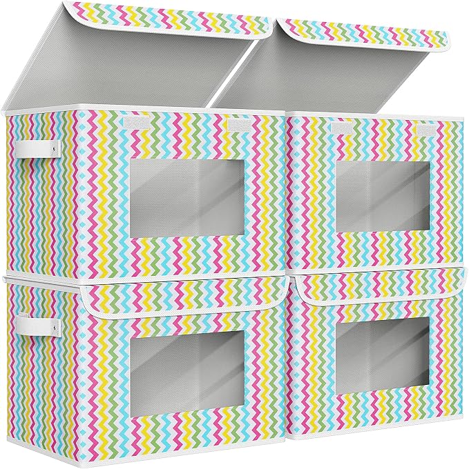 Univivi Fabric Foldable Storage Boxes with Lids, 4 Pack, Colorful | 17 x 12 x 12 In Large Stackable Storage Bins with Lids, Closet Organizers and Storage Cube Basket for Home, Office, Bedroom by Univivi