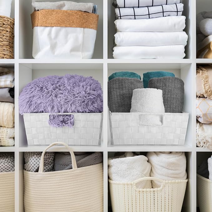 Sorbus Set of 3 Large Woven Storage Baskets – Mesh Hand-Woven Baskets for Organizing, Fabric Storage Bins for Linen Closet Organizer, Storage Baskets for Shelves and Home Organization (White) - Image 5