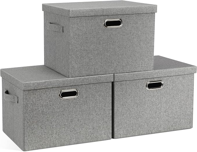 Graciadeco Large 17" 36 Quart Collapsible Stackable Storage Bins with Lids, 3 Packs Grey Linen Fabric Closet Boxes with Lids, Storage Cube Baskets Container Organizers for Bedroom Office(17 x12 x11) | 36 Quart 3 Pack Gray1 Collapsible Stackable Linen F... by GraciadecoStorage