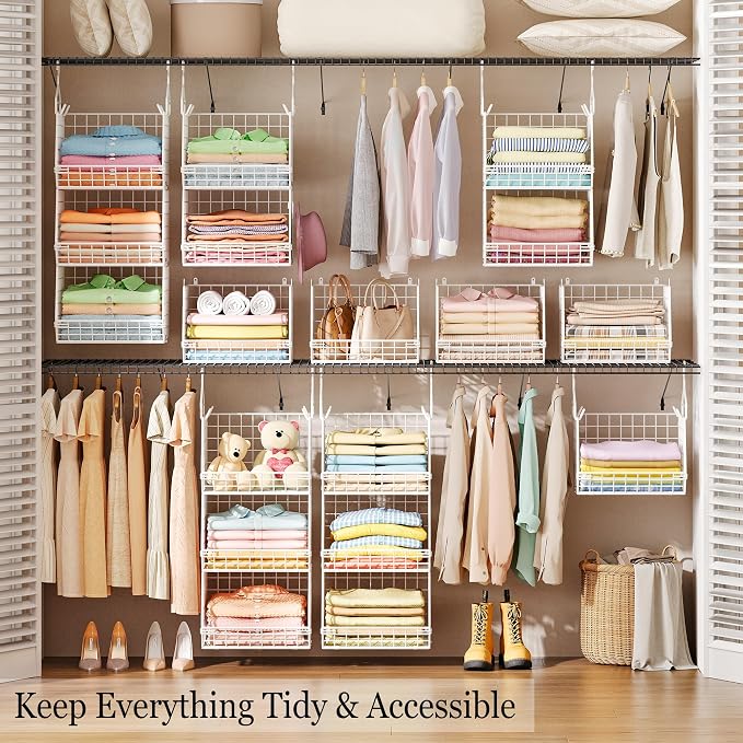 X-cosrack 3 Tier Foldable Closet Organizer, Clothes Shelves with 5 S Hooks, Wall Mount&Cabinet Wire Storage Basket Bins, for Clothing Sweaters Shoes Handbags Clutches Accessories-White Patent Design - Image 2