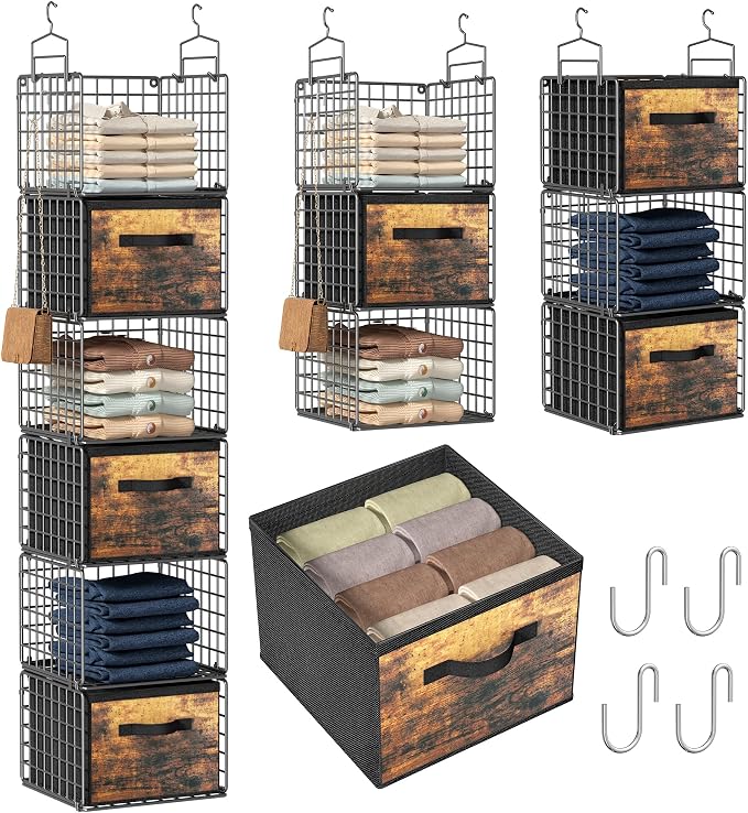 Closet Hanging Organizer with Drawers, 6 Tier Metal Closet Organizers and Storage with 4 Hanging Hooks 4 S-Hooks for Wardrobe Laundry Room, Wire Storage Shelf for Clothes Sweaters Pants (Black) by Orapoke