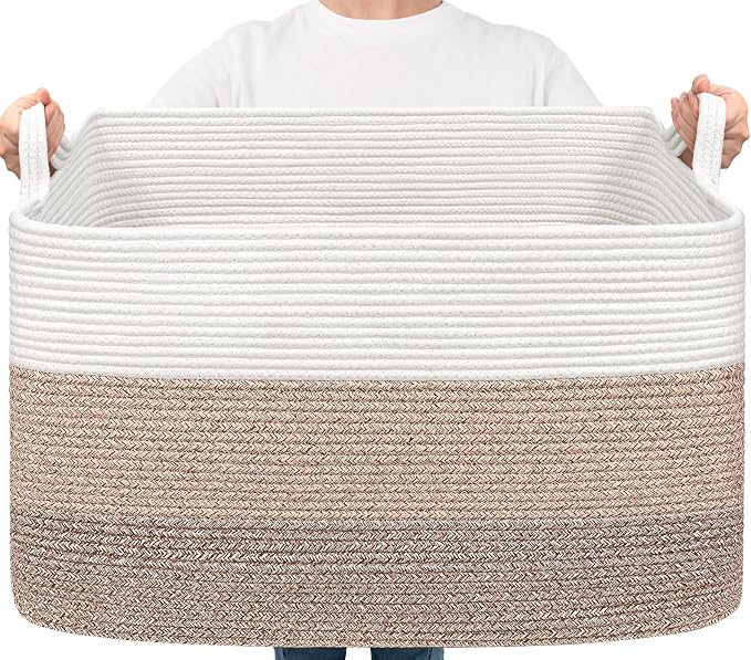 Goodpick Large Woven Blanket Basket 23.6" x 15.7" x 13.8" Cotton Rope Storage Organizer for Dirty Clothes Pillows, Soft Toy Storage Basket for Nursery Home Decor, White & Light Brown by Goodpick