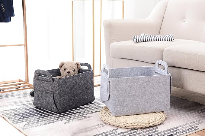 Storage Basket Felt Storage Bin Collapsible& Convenient Box Organizer with Carry Handles for Office Bedroom Closet Babies Nursery Toys Laundry (Light grey, 13.8inch（L）×9.5inch（W）×8.3inch（H）) - Image 3