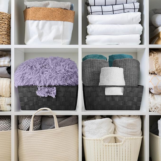 Sorbus Set of 3 Large Woven Storage Baskets – Mesh Hand-Woven Baskets for Organizing, Fabric Storage Bins for Linen Closet Organizer, Storage Baskets for Shelves and Home Organization (Black) - Image 5