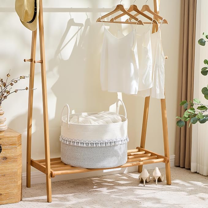 KAKAMAY Large Blanket Basket with Handles, Storage Basket for Living Room | Extra Large Capacity | Natural Cotton Rope | Blanket Storage | Woven Storage Basket | Stuffed Animal Storage | Laundry Basket - Image 5
