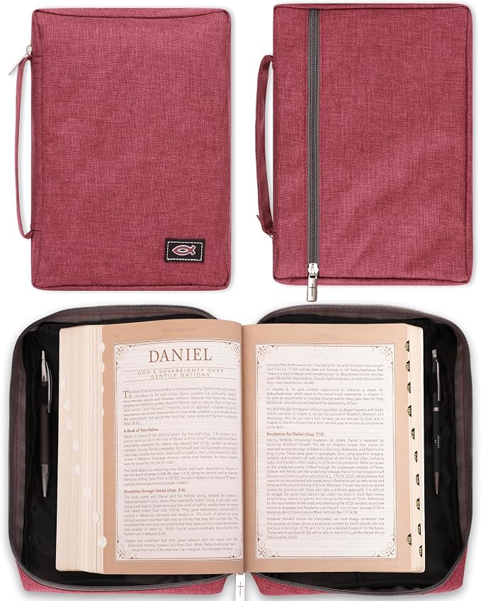 Christian Art Gifts Men/Women's Bible Cover Jesus Fish, Red Canvas, Large - Image 6