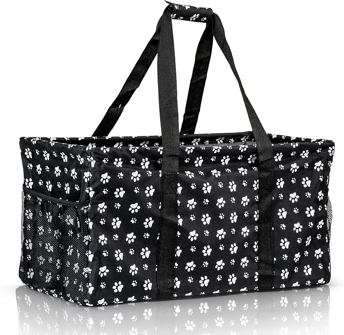 Extra Large Utility Tote Bag - Oversized Collapsible Reusable Wire Frame Rectangular Canvas Basket With Two Exterior Pockets For Beach, Pool, Laundry, Car Trunk, Storage - Dog Paw by Lucazzi