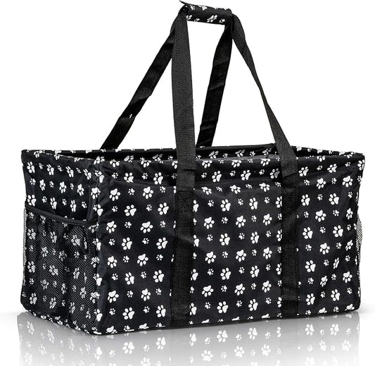 Extra Large Utility Tote Bag - Oversized Collapsible Reusable Wire Frame Rectangular Canvas Basket With Two Exterior Pockets For Beach, Pool, Laundry, Car Trunk, Storage - Dog Paw by Lucazzi