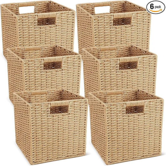 6 Pcs Wicker Storage Baskets 13 x 13 in Cube Storage Bin Organizer Camel Square Foldable Wicker Baskets for Shelves Organizing Decor Laundry Pantry Toys by Newtay