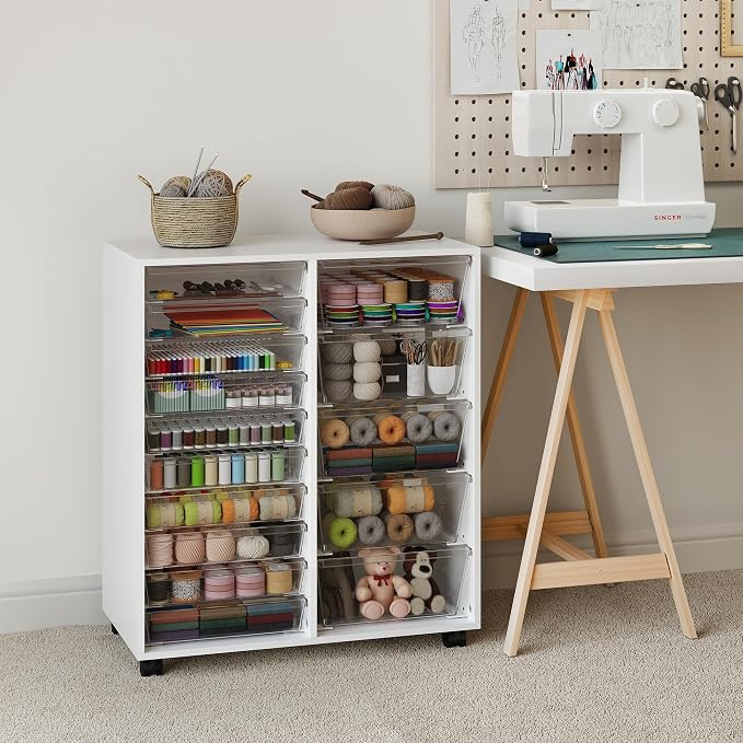Mobile Storage Cabinet with 15 Clear Drawers, Modern White | Craft Cabinet with 5 Large Drawers, Cart with Wooden Tabletop, Printer Stand Home Office, Dresser Chest - Image 2