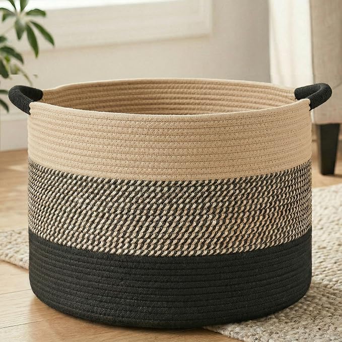 Artfeel 70L Large Cotton Rope Basket, Decorative Woven Blanket Storage for Living Room, Boho Toy Storage & Toy Box for Kids, Versatile Laundry Basket & Nursery Hamper for Blankets(BlackBrown) by Artfeel