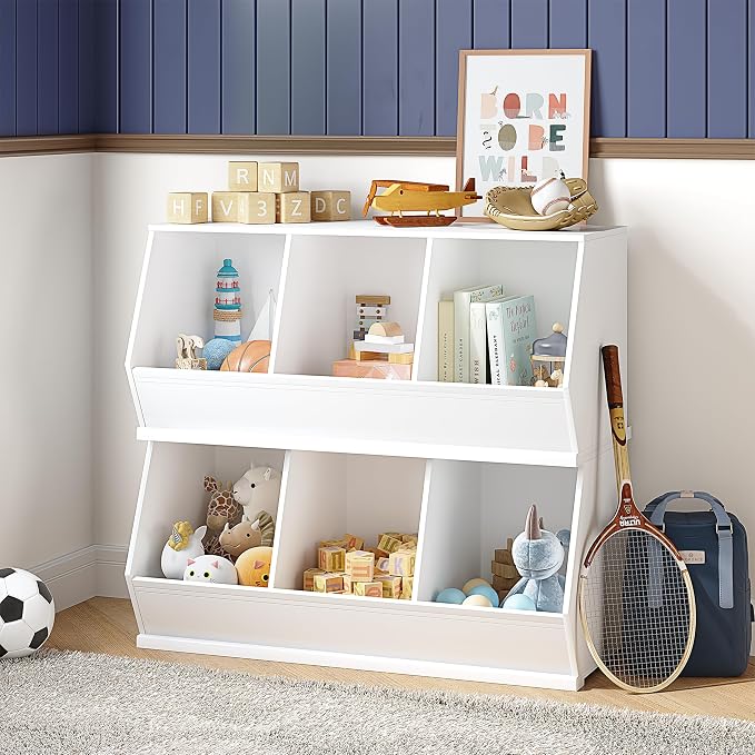 UTEX Stackable Kids Toy Storage Cabinet, Toy Organizer Bin, Cubby Toy Shelf | DIY Play Space, Slanted Front Panel, Toddler Toy Storage, Playroom, Toy Room, Living Room, Nursery, Gift, White, 3 Cubby - Image 4